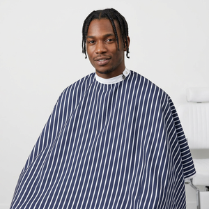 Capes de barbier en denim avec logo personnalisé imprimé, crochet métallique élastique, pour la coupe de cheveux, capes PRO à rayures fines - Product Image 6