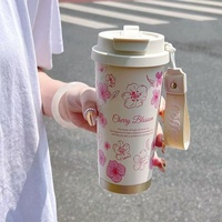 Cherry 600ml Isolierter Vakuum-Kaffeebecher Doppelwandiger Edelstahl-Becher mit Auslaufsicherem Deckel Trageriemen für Heiße und Kalte Getränke