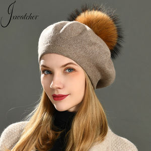 Jxwatcher السيدات سادة كلاسيكي قبعة قبعة من الصوف مع فرو حقيقي كبير بوم بوم فنان الربيع الشتاء متماسكة الفرنسية النساء الصوف قبعة مخصصة - Product Image 3
