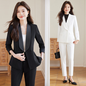 Women's Suit Set Black White Formal Wear Full Sleeve Polyester Satin Anti-Wrinkle Autumn Professional Office Style - Product Image 1