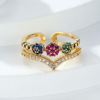 Bague ouverte en V double couche en cuivre doré, micro-pavée de zircon, unisexe, tendance, unique et polyvalente, best-seller transfrontalier Wish