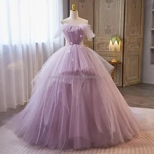 QUEENS GOWN graceful elegant party dress light purple soft mesh prom dress bubble off shoulder evening gown