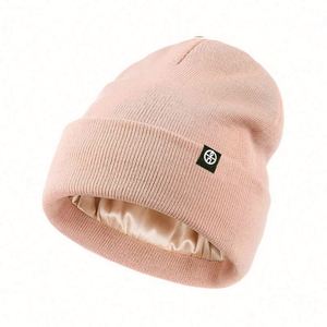 Wholesale High Quality 100% Acrylic Knitted <b>Winter</b> Hat Solid Color Plain Satin Lined Beanie Hats with Custom Logo - Product Image 4