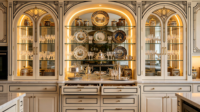 Cuisine sur mesure de style Art Déco de luxe avec îlot, plan de travail en pierre noire et appareils encastrés pour les commandes en gros des constructeurs
