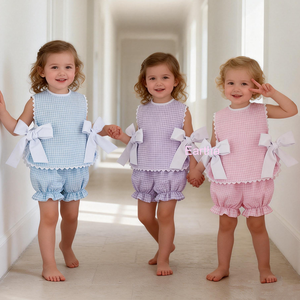 Vestidos para Niñas, Rosa a Cuadros con Ric Rac, Lazo Tejido Personalizado, Conjuntos de Ropa para Niñas, Conjuntos de Blusa y Falda para Bebés, Pascua - Product Image 1