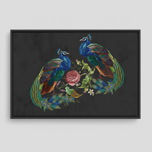Embroidery Peacock Canvas Print: <b>Large</b> Floral Wall Art,BLACK <b>FRAMED</b> CANVAS - Product Image 2