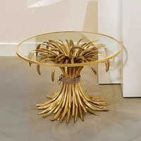 Table basse de luxe moderne en acier inoxydable et verre, avec décoration artisanale en laiton motif épi de blé, pour hall d'hôtel