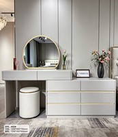 Ensemble de coiffeuse moderne blanc avec miroir LED rond, armoire latérale à double tiroir, lumière chaude, meuble de vanité pour chambre à coucher