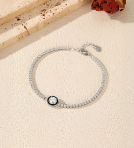 2026 High End Ins Hot Item S925 Sterling Silver Black Bezel Round Stone <b>Box</b> Chain Adjustable Luxury Thin Women Bracelet - Product Image 3