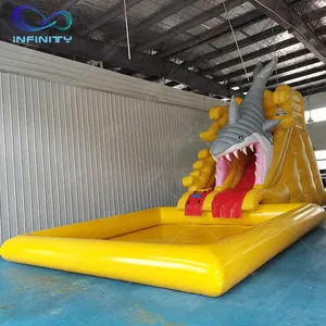 滑梯和滑梯游乐园供应商巨型鲨鱼充气滑梯，带儿童游泳池