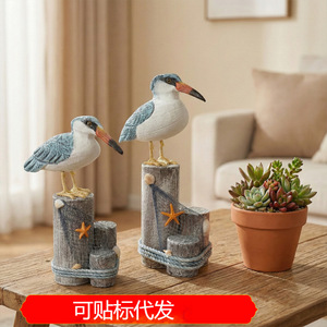 Mediterranean Seabird <b>Ornaments</b> Pine Wood Handmade 2-Piece Set Home Decoration - Product Image 4