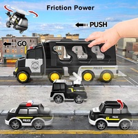 Camion de police à double étage à inertie 5 en 1, jouet pour tout-petits, camion de transport à friction, camion de police avec lumières et musique