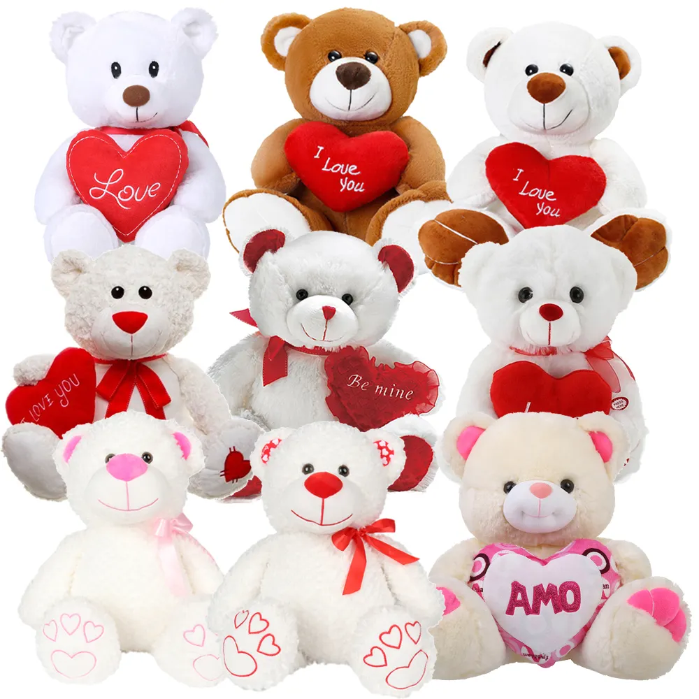 Пушистый белый медведь на заказ на День святого Валентина, плюшевый медведь, игрушки, подарки, оптовая продажа, вышивка, сердце на ногах, плюшевые мягкие медведи