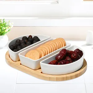 Luxury Wholesale Handcraft Natural Bamboo Serving Plate Ceramic Bowls Non Slip Groove For Dessert Nuts Fruits