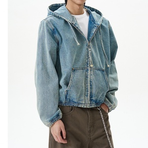 Sudadera con Capucha de Mezclilla Azul Casual para Hombre, Lavado Desgastado, 100% Algodón, Chaqueta Corta Vintage de Alta Calidad - Product Image 3