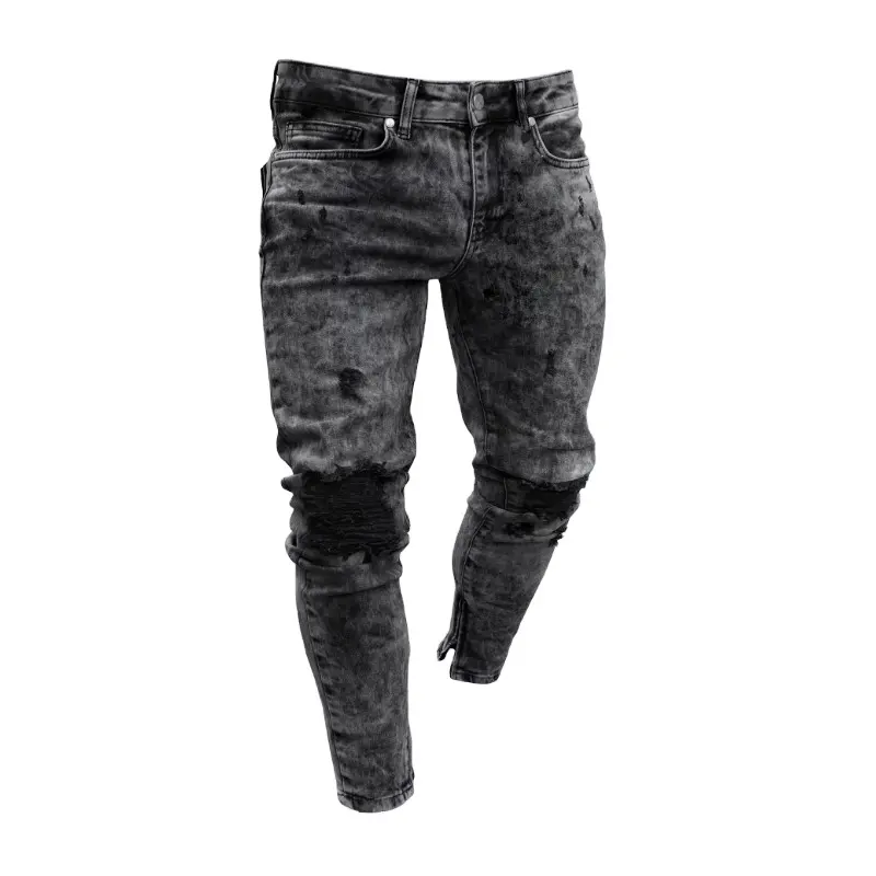 Factory price ripped fasion snow wash slim denim long jeans for man