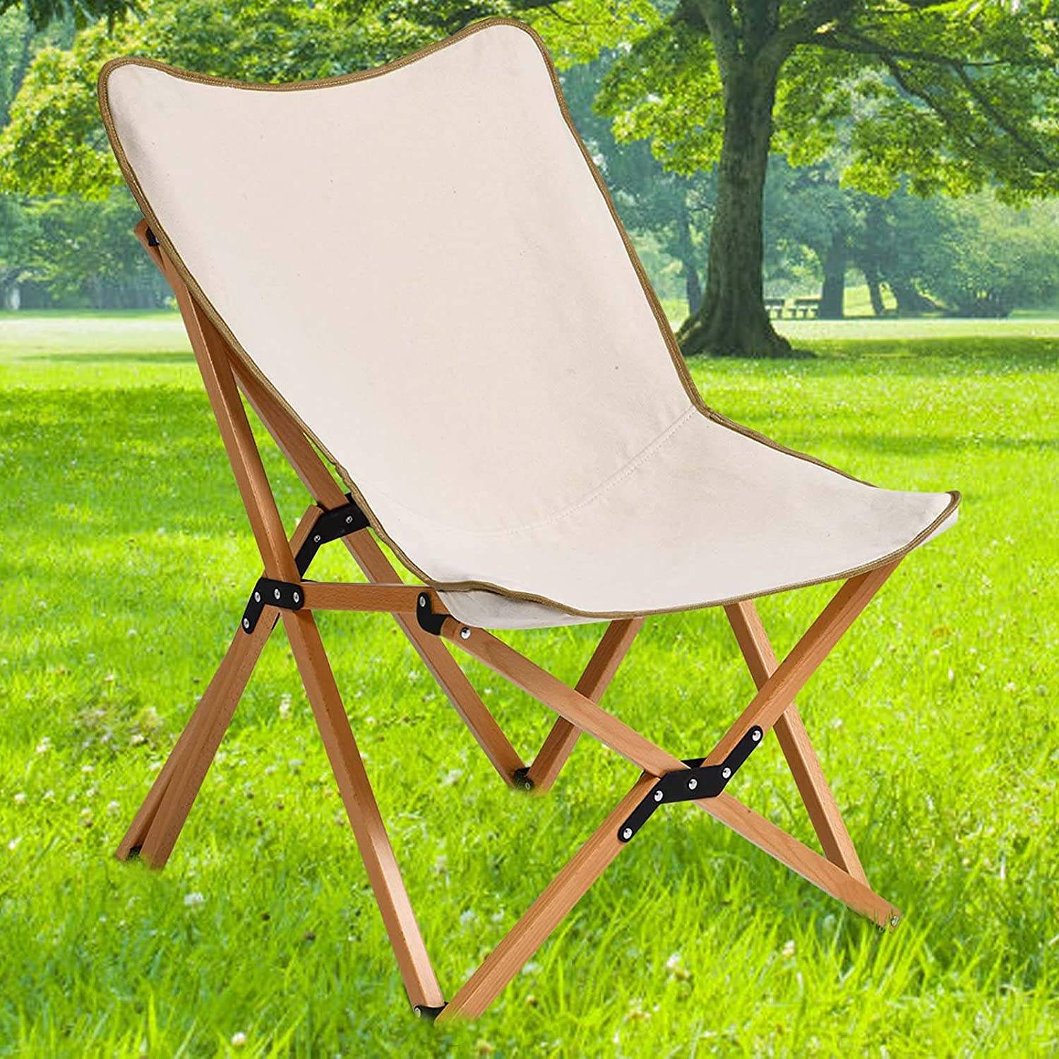 WOQI Foldable Wood Camping Chair Lawn Chair Wooden Camping Chair with Easy  Carry Bag Removable Canvas Cover