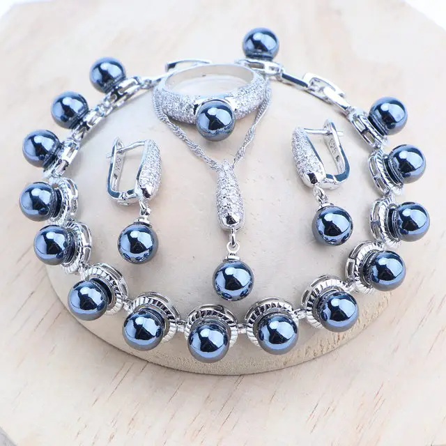 2022 New 925 Silver Jewelry Sets Bridal Black Pearls Ring Bracelets Earrings Pendants Necklace Set Women Wedding Jewelry
