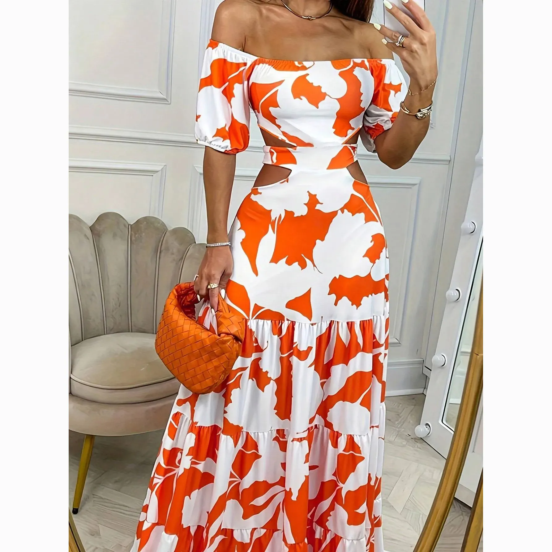 Robe évidée personnalisée à impression florale longue pour femmes imprimé graphique sexy épaules dénudées découpées taille à volants ourlet