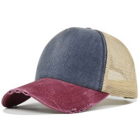 Gorra de béisbol de malla de algodón de dos tonos desgastada Vintage personalizada para hombres y mujeres, gorra de camionero de corona alta de 5 paneles con frente de espuma vaquera lavada