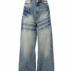 Jeans américains à motif de foudre délavé pour hommes, pantalon large rétro et <span class=keywords><strong>beau</strong></span>, pantalon ample de rue haute - Product Image 1