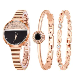 Ginave G-017J 休闲优雅石英手镯手表 3 件套女性玫瑰金简约珠宝女士小表盘手表
