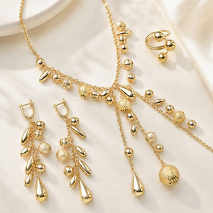 Bulk Textured Bead glamorous pendant necklace fashion drop earrings bracelet fine rings 18k gold plated fashion jewelry set - Product Image 1
