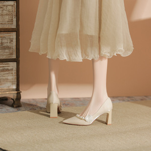 7777-1 <b>Satin</b> Comfort Bridal Pumps Pointed Toe Block Heel Pearl Bead Decor <b>Wedding</b> <b>Shoes</b> for Bride or Bridesmaid - Product Image 2