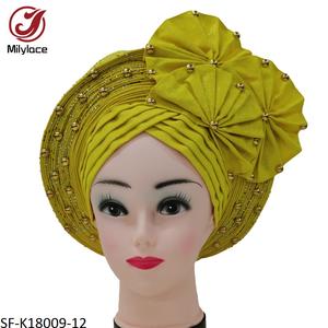 Beaux accessoires de mariage Turban avec perles pierres couleur unie plissé africain dames bandeau chapeau de fête - Product Image 5