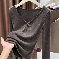 Pull en maille à col en V pour femme, manches longues, coupe ajustée, couleur unie, asymétrique, idéal pour le quotidien