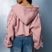 Sweat-shirt à capuche zippé rose pour femme, style Coquette, avec détails nœud en ruban, épaules tombantes, coupe oversize, OEM usine