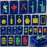 Tuiles de Mahjong américaines en acrylique translucide bleu foncé, gravées au laser et imprimées UV avec des caractères en bambou, points, vent, fleur, joker