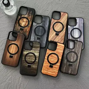 Wholesale anti-shock wood with magnetic invisible stand phone cover for iPhone 13 Mini 13 14 Pro Max Phone Case