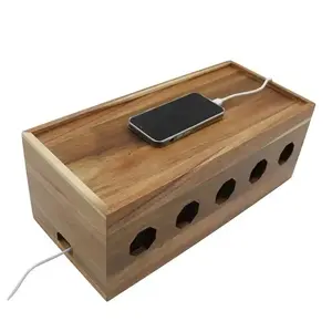 Cover Design Wire Cable Management Cord Organizer Box Acacia Wood Cable Storage Box With Lid For Hiding Power Strip