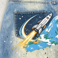 Shorts en jean taille mi-haute à jambe large, 100% coton, style Y2K vintage, colorés, avec patchs astronautes et broderies en cristal, personnalisables OEM, écologiques