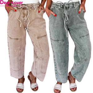 Pantalones Vaqueros de Mezclilla para Mujer, Estilo Barril, Lavado Ácido <span class=keywords><strong>Gris</strong></span> Humo, con Cordón en la Cintura, Venta al Por Mayor Dear-Lover - Product Image 1