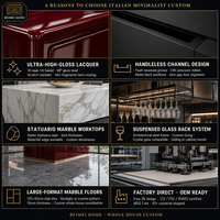 Cuisine complète sur mesure de style italien minimaliste, armoires laquées haute brillance sans poignées, îlot avec plateau en marbre, fabrication directe d'usine OEM