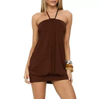 Robe mini unie à col halter et fronces pour femme, coupe ajustée, été, disponible en rouge et marron, vente en gros ODM avec faible MOQ