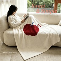 Tapisserie murale Pomme Rouge Crème, motif ligne ondulée à tige bleue, en velours doux et pelucheux, sensation confortable, pièce décorative pour salon et chambre