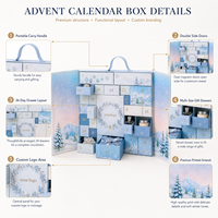 Calendrier de l'Avent de Noël à 24 tiroirs, motif flocon de neige bleu glace, boîte rigide en papier style valise, logo personnalisé OEM