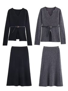 PB & ZA เสื้อกันหนาวผู้หญิง2ชิ้น2025ใหม่เข็มขัดถักชุดวินเทจแขนยาว + กระโปรงผู้หญิง - Product Image 1