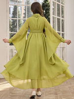 Nouvelle Abaya Longue pour Filles Musulmanes, Couleur Unie, avec Détail à Nouer à l'Avant, Manches Évasées, Olive, Vêtements Islamiques pour Enfants