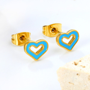 Pendientes con forma de corazón de acero inoxidable chapados en oro para mujer, joyería de moda, 10 pares, diseño colorido de amor - Product Image 3