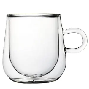 Wholesale 350ml Hand Blown Double Walled Coffee Glass with handle