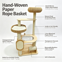 Arbre à chat multi-niveaux WoodPaw en MDF écologique avec capsule spatiale et panier en rotin tressé à la main, montage facile, design moderne et luxueux