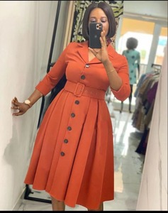 Últimas Elegante um Botão Linha Vestido de Mangas Compridas Sólidos Turquia Partido Vestido Saia Curta Com Cinto para As Mulheres T080 - Product Image 2