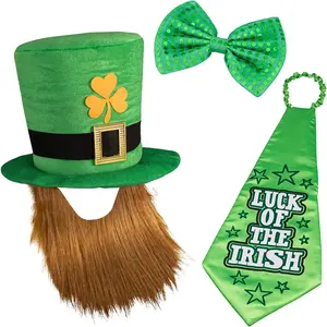 St. Patrick Costume Set Leprechaun Hat Beard Green Large Bow Tie And Lucky Neck Tie For Party Costume Irish Festival