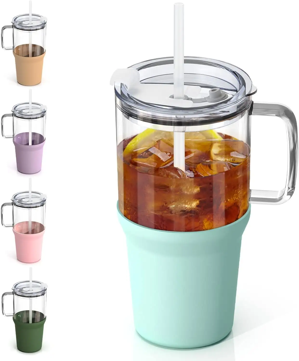 Vaso de 32oz con botellas de agua de vidrio de paja con tapa de Asa Taza de café helado reutilizable de vidrio a prueba de fugas con funda de silicona