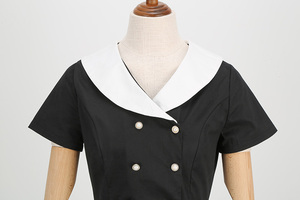 Abito Vintage in Cotone Stile Rockabilly, Vestito Corto Retrò a Maniche Corte con Contrasto di Colore, Mini Abito Nero da Donna con Colletto e Bottoni - Product Image 4