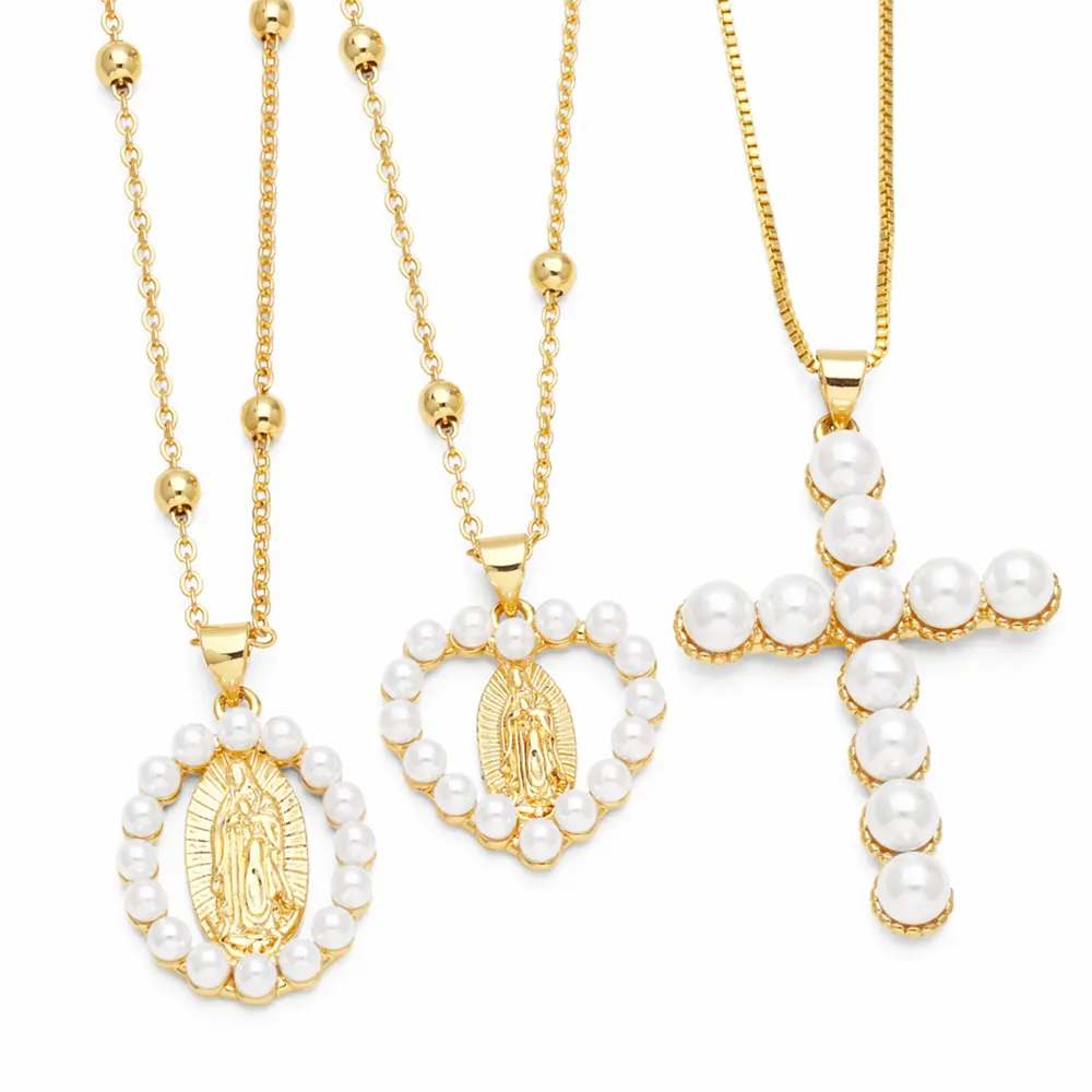 Asjewelry Witte Parel Kruis Kettingen Bescherming Sieraden Koper Hartvorm Maagdelijke Mary Kettingen Voor Vrouwen 2311 Nker20